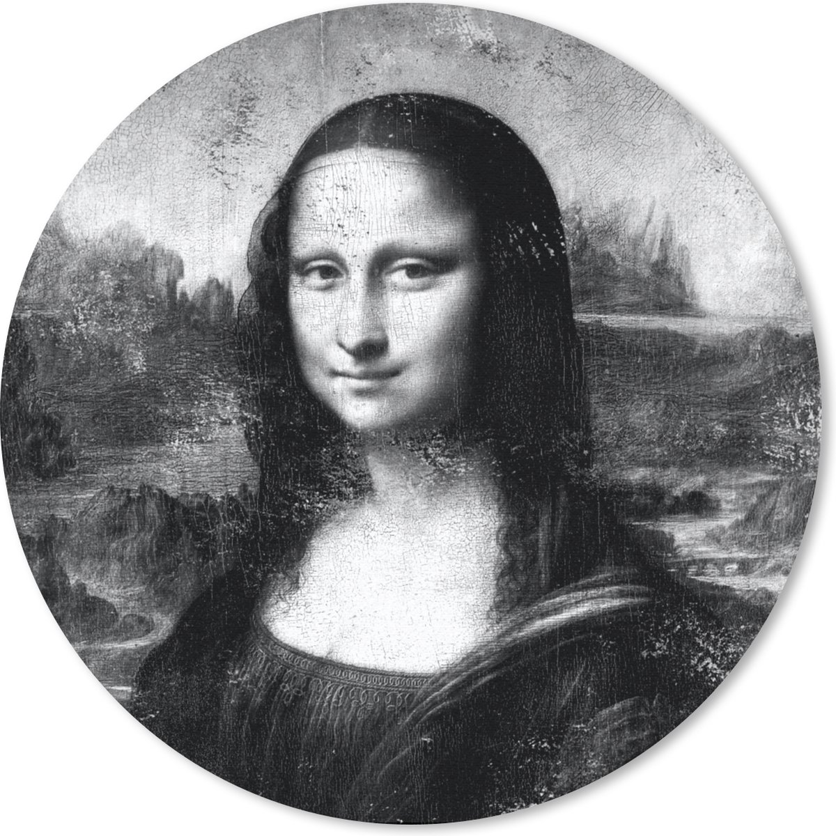 Muismat rond 30x30 cm - Mousepad Mona Lisa - Leonardo da Vinci - Zwart - Wit - Ronde muismatten
