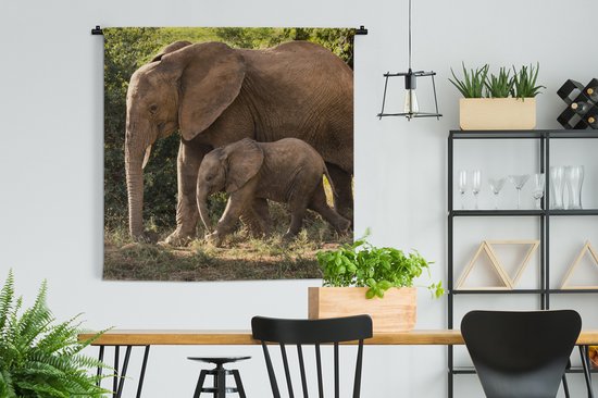 Tenture murale - Toile murale - Bébé éléphant qui marche avec sa mère - 120x120 cm - Tapisserie