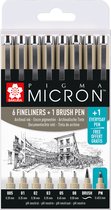 Sakura Pigma Micron 6 zwarte fineliners + 1 brushpen en 1 pigment pen