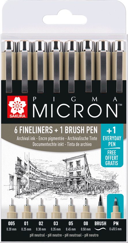 Sakura Pigma Micron 6 zwarte fineliners + 1 brushpen + 1 gratis pigment pen  | bol.com