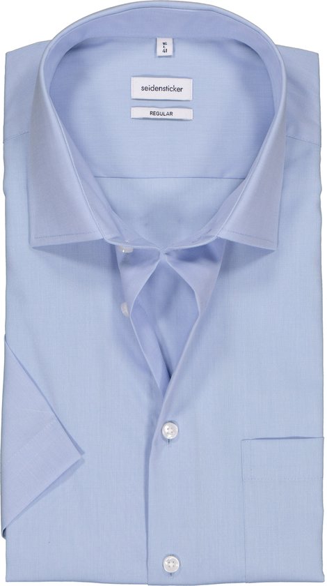 Seidensticker regular fit overhemd - korte mouw - lichtblauw fil a fil - Strijkvrij - Boordmaat: 48