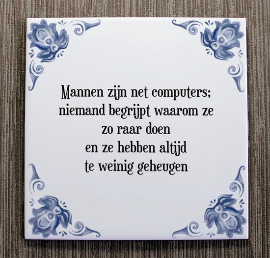 Delfts Blauw tegeltje met de tekst 'Mannen zijn net computers; niemand begrijpt waarom ze zo raar doen en ze hebben altijd te weinig geheugen'.