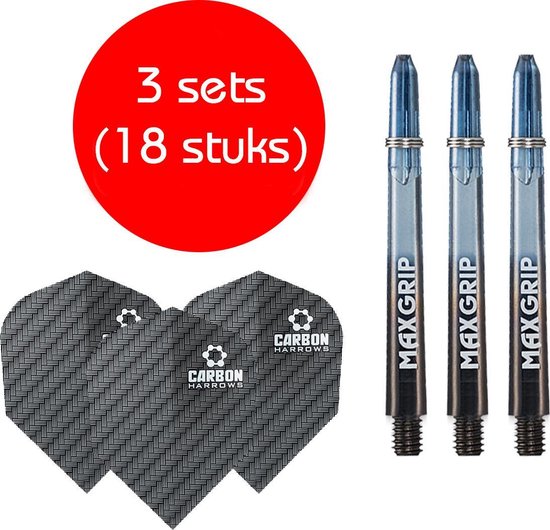 Afbeelding van het spel Dragon darts - Maxgrip – 3 sets - darts shafts - zwart-blauw - medium – en 3 sets – carbon – darts flights