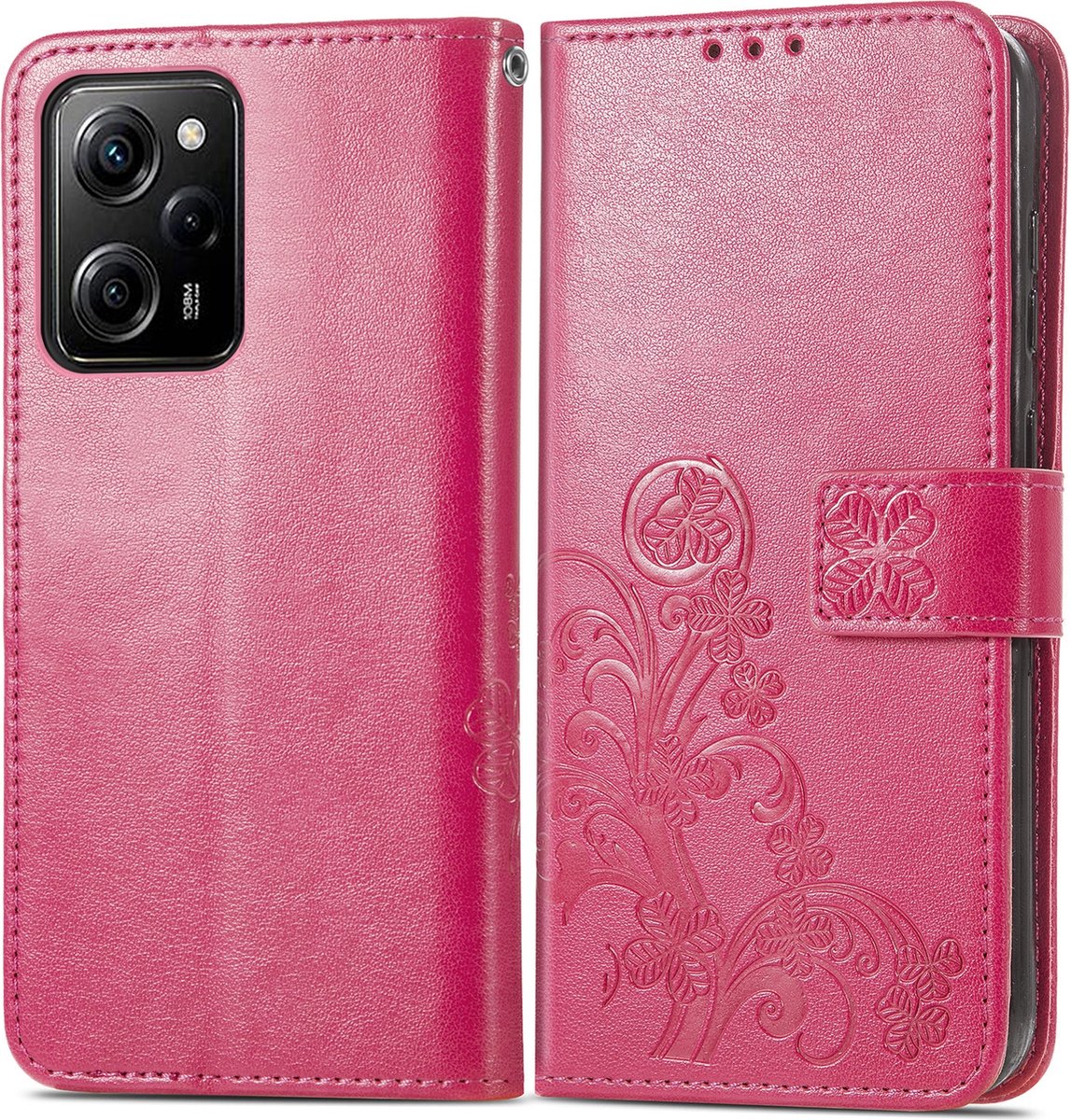 Mobigear Telefoonhoesje geschikt voor POCO X5 Pro Hoesje | Mobigear Clover Bookcase Portemonnee | Pasjeshouder voor 3 Pasjes | Telefoonhoesje voor Pinpas / OV Kaart / Rijbewijs - Magenta