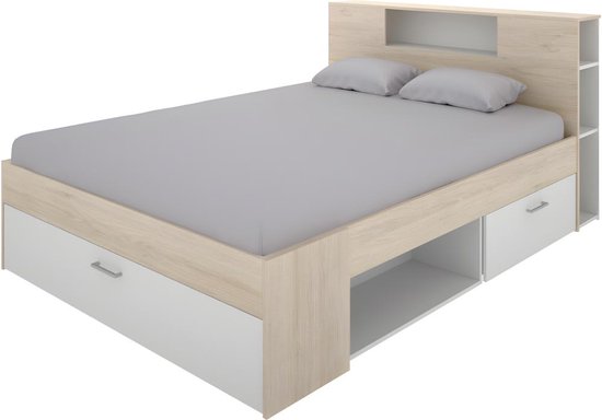 Bed met hoofdeinde, opbergruimte en lades - 140 x 190 cm - Wit en naturel - LEANDRE L 218.5 cm x H 95 cm x D 149.6 cm