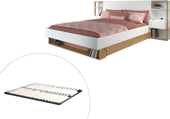 Bed met nachtkastjes en opbergvakken - 160 x 200 cm - Kleuren: Wit en houtlook + Bedbodem - MISTA L 255.1 cm x H 102.6 cm x D 244.9 cm