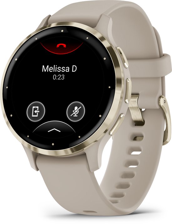 Lichtbruine smartwatch met inkomende oproep van Melissa D, 0:23.