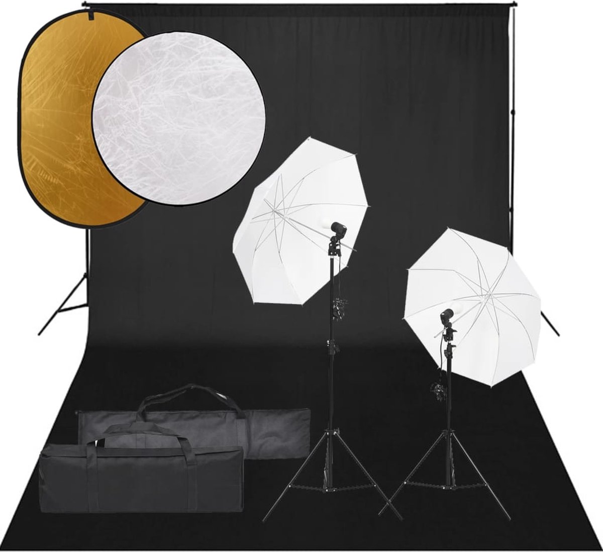 The Living Store Fotostudioset - Studioverlichting - Flexibel achtergrondsysteem - Praktische reflectorset - Opbergtas - 13W LED-lampen - Statieven - Achtergrond - 5-in-1 reflector - 2-in-1 reflector - Draagtas (150 characters max)