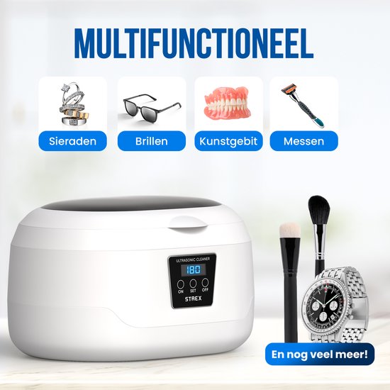 Strex Nettoyeur à ultrasons 600 ml - 360º - Nettoyeur à ultrasons - Appareil de nettoyage pour Lunettes / Bijoux / montres / pièces de monnaie
