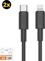 USB C naar iPhone Oplad kabel 3 meter | 3meter iPhone USB-C Kabel | USB C lightning kabel - Zwart – Premium Oplaadset (2-pack)