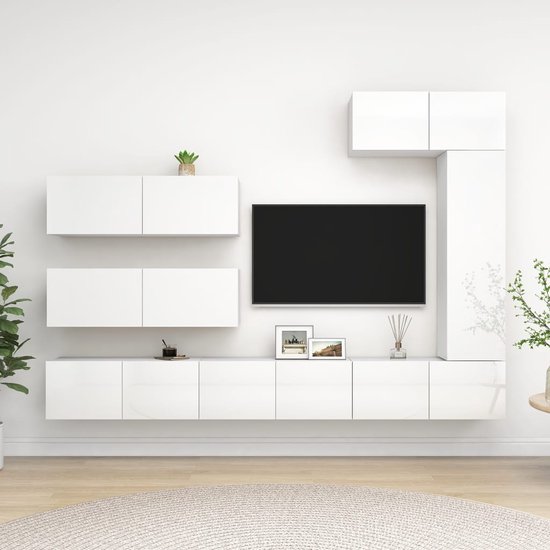 The Living Store Hangende Tv-meubelset - Spaanplaat - Verschillende vakken - Hoogglans wit - Montage vereist