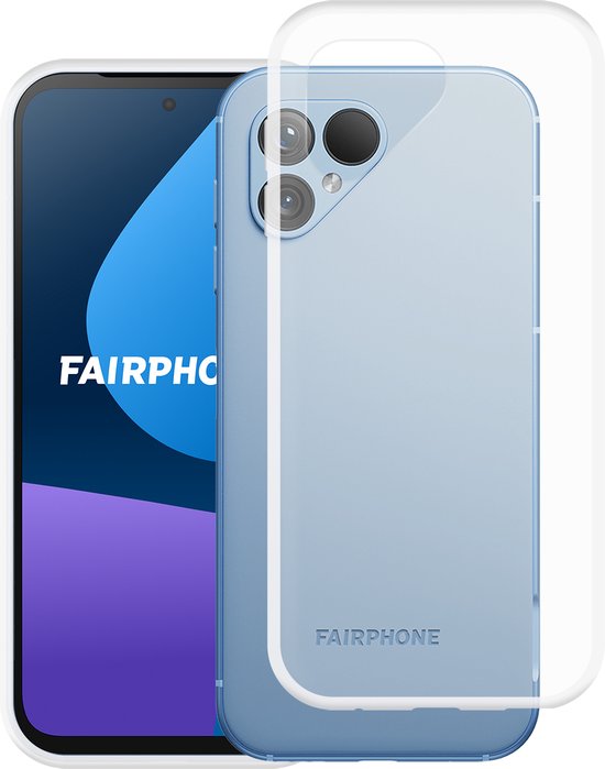 Lichtblauwe Fairphone 5 hoes met dubbele camera naast een transparante hoes.