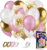 Fissaly 40 Ballons en Latex Or, Blanc Crème, Rose & Confettis en Papier d'Or avec Accessoires - Hélium - Décoration - Mariage & Noces