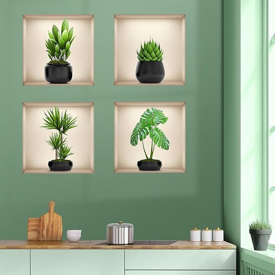 Sticker Muraux 3D Plante de Salon,Autocollant Mural Plante,Stickers Mural  3D Vase,Décoration Murale 3D Autocollant Plante