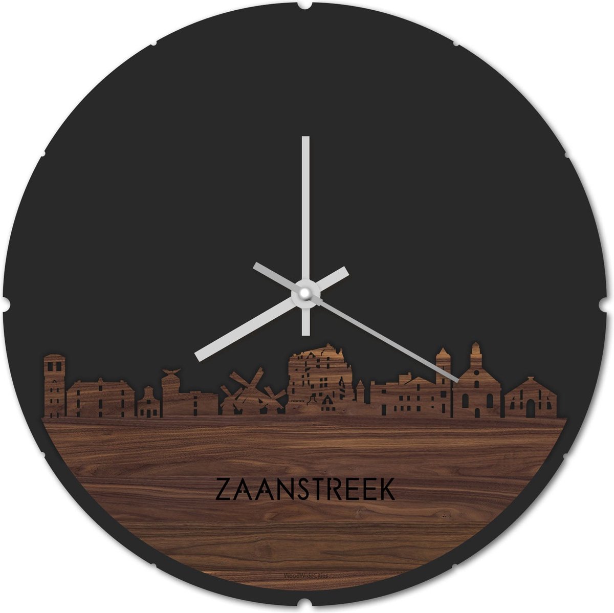 Skyline Klok Rond Zaanstreek Notenhout - Ø 44 cm - Stil uurwerk - Wanddecoratie - Meer steden beschikbaar - Woonkamer idee - Woondecoratie - City Art - Steden kunst - Cadeau voor hem - Cadeau voor haar - Jubileum - Trouwerij - Housewarming -