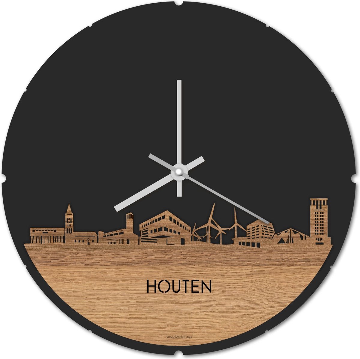 Skyline Klok Rond Houten Eikenhout - Ø 44 cm - Stil uurwerk - Wanddecoratie - Meer steden beschikbaar - Woonkamer idee - Woondecoratie - City Art - Steden kunst - Cadeau voor hem - Cadeau voor haar - Jubileum - Trouwerij - Housewarming -