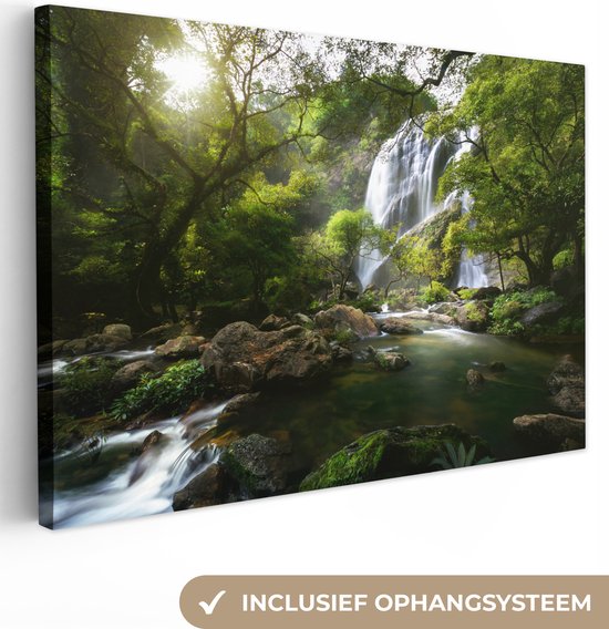 Canvas schilderij - Waterval - Natuur - Bomen - Zon - Canvasdoek - Canvas natuur - Wanddecoratie - 180x120 cm - Foto op canvas - Canvas doek