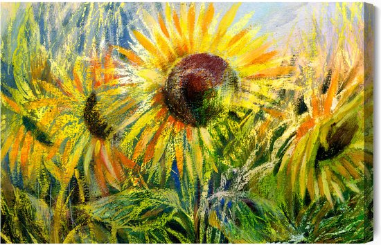 Schilderijkoning - Canvas Schilderij Zonnebloemen Zoals Getekend - 30 x 20 cm