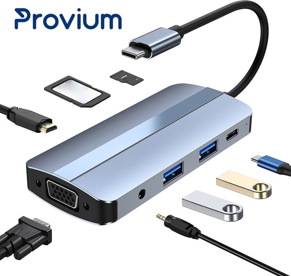USB-C Hub - 8 in 1 - AUX - VGA - HDMI - USB 3.0 - Micro-SD - Docking Station adapter splitter - Grijs - Provium