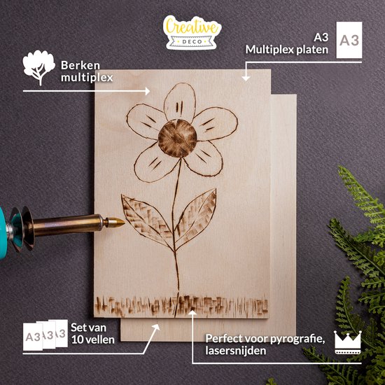 Berken multiplex A3 plaat, perfect voor pyrografie, met bloemenontwerp.