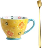 Handgeschilderde mok 350ml - Flower Art kopje koffie kopje oud ontwerp hoge kwaliteit porseleinen mok met gouden lepel (geel)