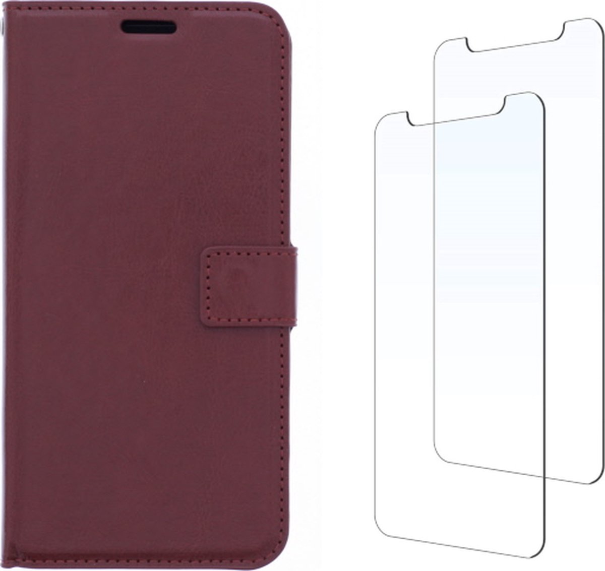 LuxeBass Samsung Galaxy A10 hoesje book case + 2 stuks Glas Screenprotector bruin - telefoonhoes - gsm hoes - telefoonhoesjes - glas scherm - bescherming