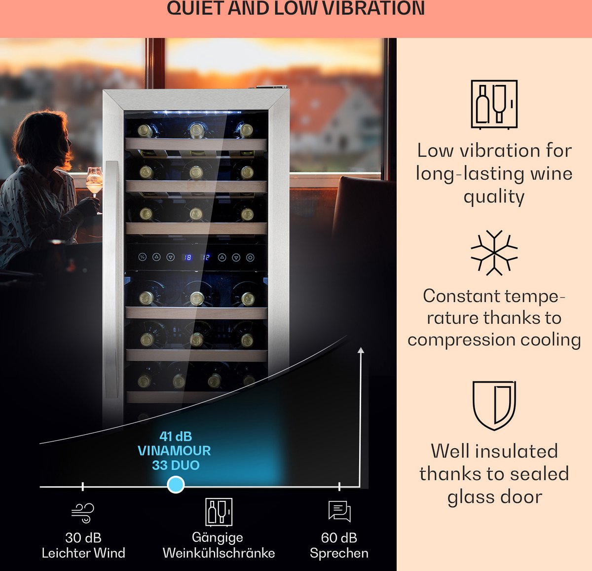 Klarstein Wijnkoelkast Vrijstaand – 2 Zones Wijnklimaatkast Smal met Glazen Deur – Drankenkoelkast met LED-Verlichting – Binnen/Buiten Gebruik – Temperatuur 5-18°C – Capaciteit 33 Flessen - 89L 57 cm - Touch - voor Champagne - Wijnkast – foto 3