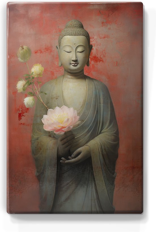 Boeddha met bloemen - Laqueprint - 19,5 x 30 cm - Niet van echt te onderscheiden handgelakt schilderijtje op hout - Mooier dan een print op canvas. - LP524
