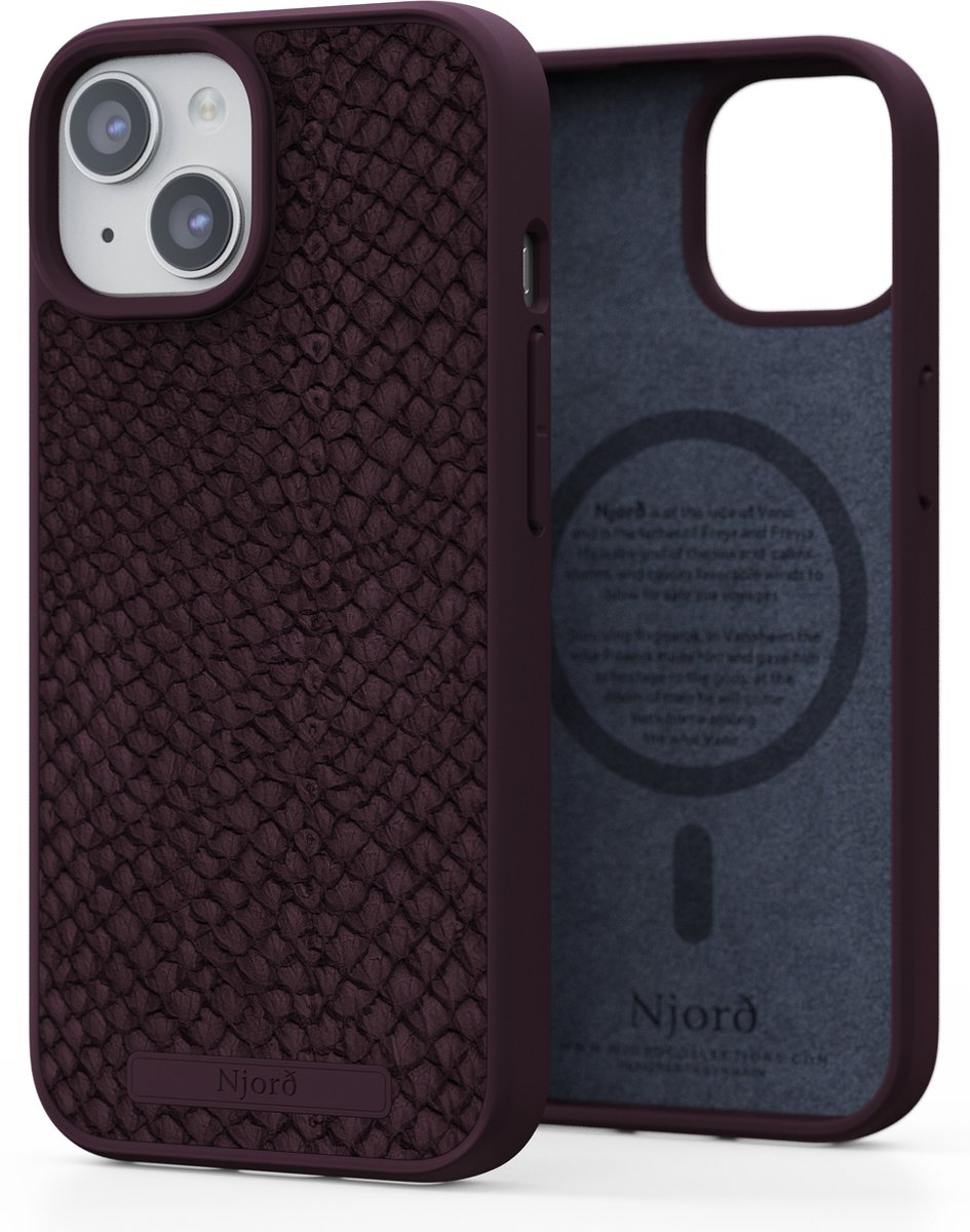 Njord Collections Zalm Leder Telefoonhoesje - Geschikt voor iPhone 15 - Gereycled / Duurzaam materiaal - 2 Meter valbescherming - Mag Compatible / Inclusief Magnetische Ring – Paars