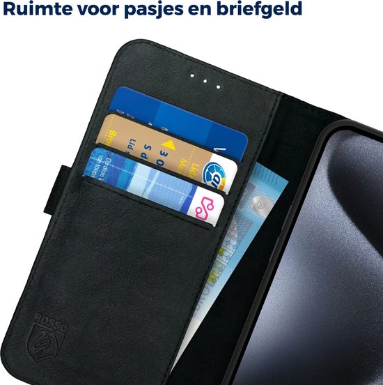 Rosso Deluxe Étui en Cuir véritable pour Apple iPhone 15 Pro | Espace pour trois cartes | Étui portefeuille | Avec porte-cartes | Noir