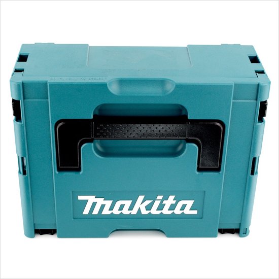 Boîte Makpac Makita turquoise avec poignée noire.