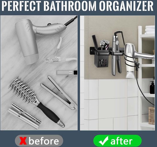 YYBO Stijltang, zonder boren, föhnhouder, muur, krultanghouder, föhnhouder, wandhouder voor styler, accessoires, opslag, föhnhouder, haardrogerhouder voor badkamer (1, wit