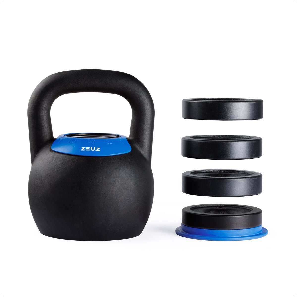 ZEUZ Verstelbare Kettlebell tot 24 KG – Fitness Sport Set – 16 18 20 22 & 24KG - Conditie & Krachttraining – Halters – Gietijzer – Zwart & Blauw