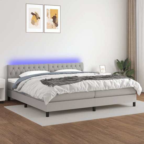 The Living Store Boxspring - LED - Bed met matras - pocketvering - huidvriendelijk - 203x200x78/88 cm - lichtgrijs