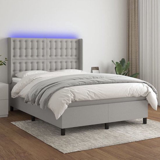 vidaXL Led Bed - Boxspring - Boxspring met matras en LED stof lichtgrijs 140x200 cm - Pocketveer Matras - Slaapcomfort - Boxspring Set