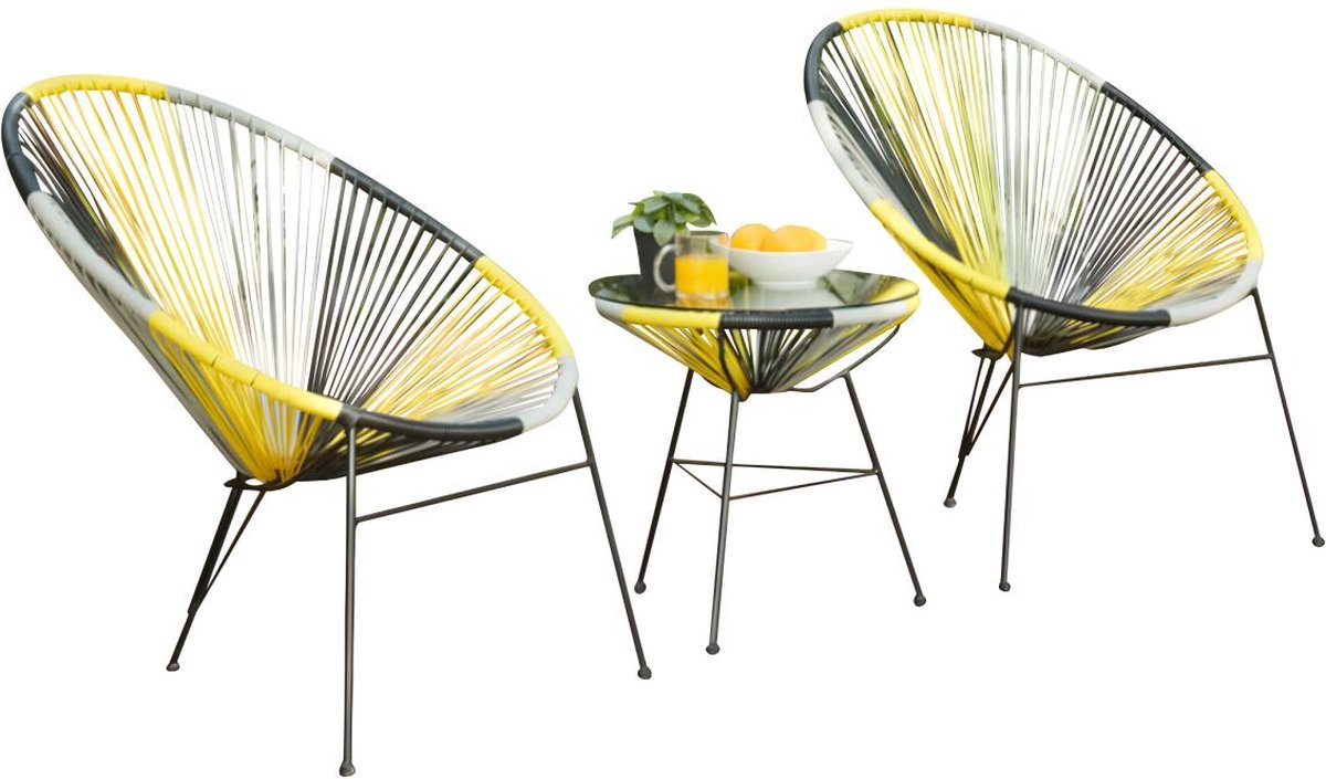 MYLIA Tuinsalon II van gevlochten hardsraden - Geel, grijs, zwart: 2 stoelen en een tafel - ALIOS II L 72 cm x H 86 cm x D 81 cm