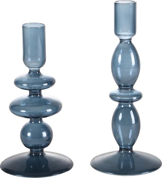 OZAIA Set van 2 kandelaars - D9 x H21 cm en D9 x H18,5 cm - Glas - Blauw - KANDIE L 9 cm x H 21 cm x D 9 cm