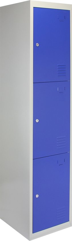Lockerkast Metaal - Blauw - Driedeurs - Flatpack - 38cm(B)x38cm(D)x180cm(H) - Ventilatie - 2 GRATIS magneten - lockers kluisjes