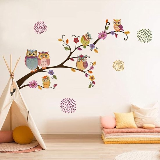 Stickers muraux branche d'arbre hibou, Bloem colorée, sparadrap