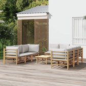 The Living Store Bamboe Tuinset - Lounge set - 4x Middenbank - 4x Hoekbank - 1x Tafel - Lichtgrijs Kussen - Modulair Ontwerp - Duurzaam Materiaal
