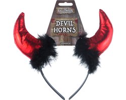 Halloween duivel hoorntjes met bont - diadeem - rood/zwart - kunststof