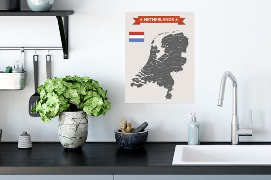 Grijs met witte kaart van Nederland - Foto print op Poster (wanddecoratie woonkamer / slaapkamer)