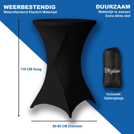 Zwarte statafelrok van waterafstotend, elastisch, extra dik materiaal van 110 cm hoog, diameter 80-85 cm.