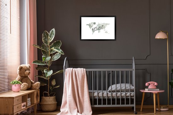 Affiche avec cadre Wereldkaart - Citation - Grijs - 60x40 cm