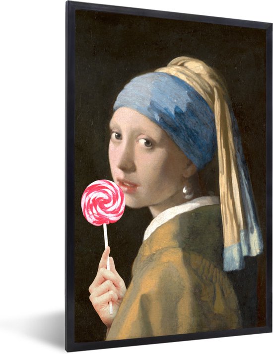 Fotolijst incl. Poster - Meisje met de parel - Johannes Vermeer - Lolly - Roze - 80x120 cm - Posterlijst