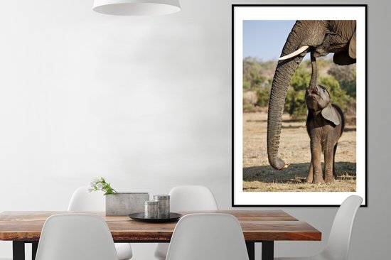 Affiche avec cadre Éléphants - Bébé éléphant communique avec sa mère - Cadre photo noir - 80x120 cm - Affiche avec cadre