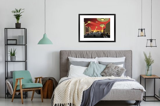 Image encadrée - Une illustration d'OVNIS attaquant un cadre photo de ville noir avec passe-partout blanc 80x60 cm - Affiche encadrée (Décoration murale salon / chambre)