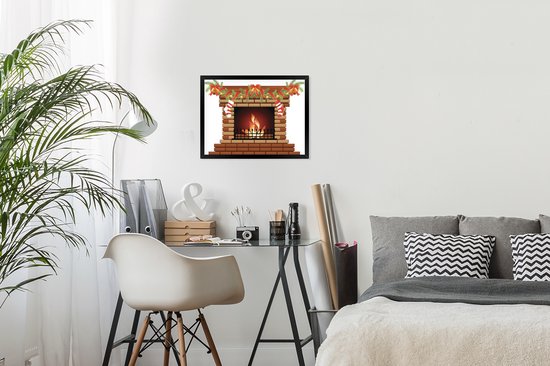 Image encadrée - Une illustration d'une cheminée avec cadre photo décoration de Noël noir 40x30 cm - Affiche encadrée (Décoration murale salon / chambre)