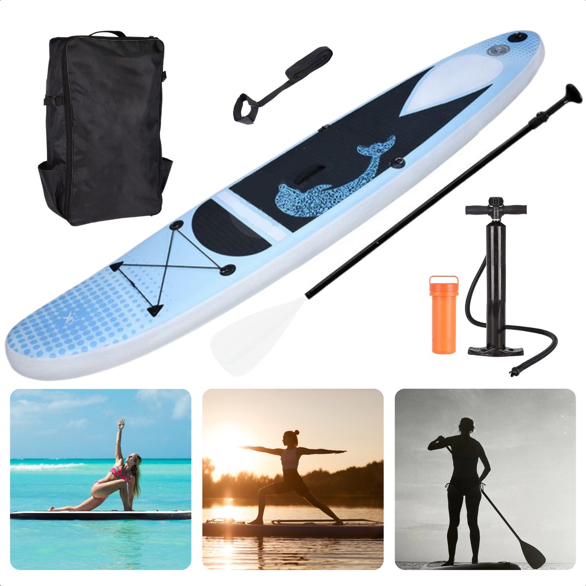 Complete SUP-Set - Opblaasbaar SUP Board - Stand Up Paddle Board - 305cm - Tot 150kg - Ideaal voor Beginnende & Gevorderde - Met EVA Anti-slip - Peddel 170-210cm - Polyester Rugtas - Handpomp & Leash - Reparatiekit