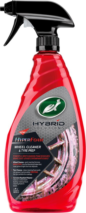 Bouteille rouge de Turtle Wax Hybrid Solutions Hyperfoam Wheel Cleaner & Tyre Prep, l'étiquette montre une roue.